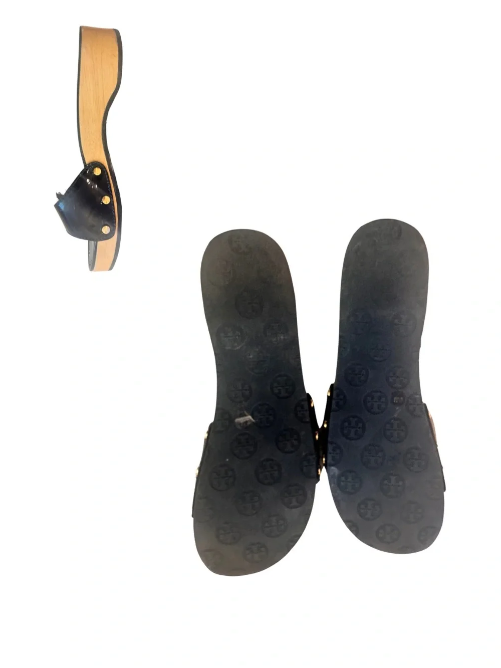 Tory Burch Navy and Green Platform Slide Sandals by Tory Burch